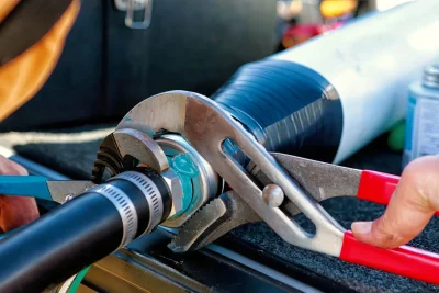 Technician repairing an industrial pipe connection in Costa Mesa