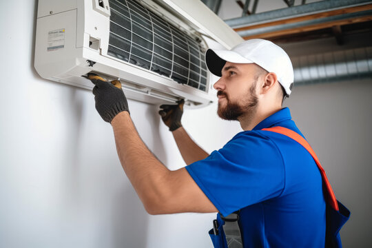 HVAC technician installing a mini split air conditioner in Costa Mesa