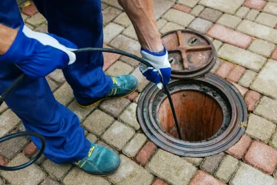 Plumber cleaning an outdoor sewer drain in Costa Mesa