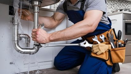 Plumber repairing pipes beneath a sink in Costa Mesa